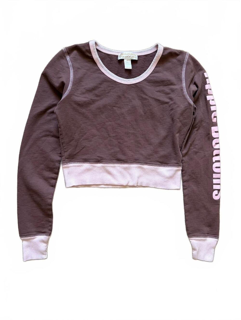 Y2K Apple Bottoms Cropped Sweatshirt Womens M Brown Pink Trim Logo Crewneck